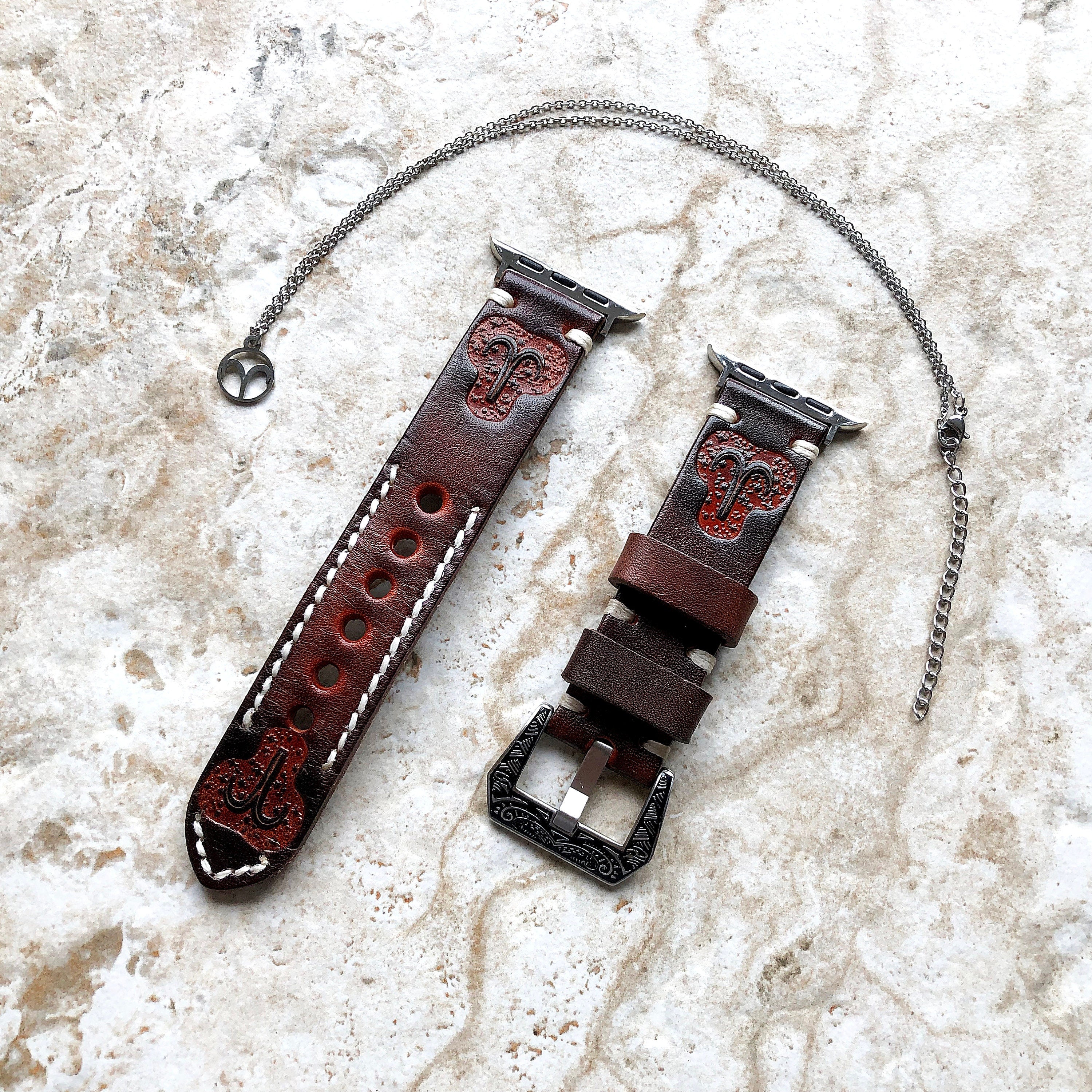 Apple Watch Aries Zodiac Band Set for iWatch Ultra 2 49mm and 9 8 Series 41mm 45mm Case Brown Leather Embossed Strap Bracelet and Necklace